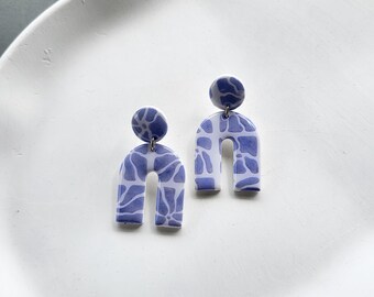 Earrings white & light blue shimmering, Matisse pattern, handmade, made of polymer clay, gift for her