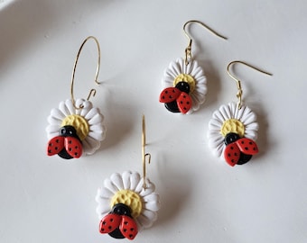 Flower & ladybug earrings, boho, handmade, spring