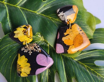 Earrings black, yellow, orange, purple, dried pressed flower, boho, handmade, summer