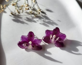 Ohrstecker ECHTE 3D-getrocknete Blume, Orchidee, violett, in Resin, Boho, handgemacht, Frühling