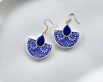 White and blue earrings with Greek pattern, made of polymer clay, boho style, handmade