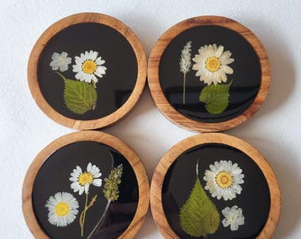 Untersetzer für Trinkgläser "RUSTIC FLOWER", Holz, echte Blumen, 4er-Set, Geschenk