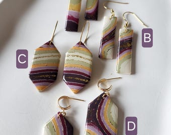 Ohrringe grün-gelb-violett, handgemacht, aus Polymerton, Frühling