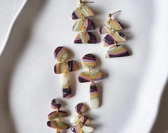 Ohrringe grün-gelb-violett, handgemacht, aus Polymerton, Frühling