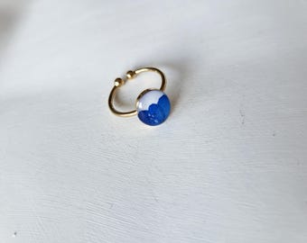 "SANTORINI" ring, gold, blue on white, made of polymer clay, handmade, hand jewelry