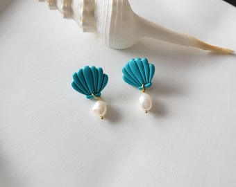 Shell earrings, turquoise, polymer clay, freshwater pearl, beach, summer, handmade