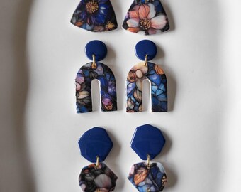 FLOWER POWER dark blue edition collection, floral print, handmade, gift for her, made from polymer clay
