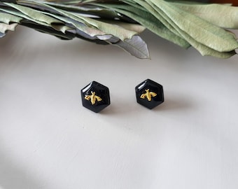 Bee earrings, black and gold, summer, handmade, gift
