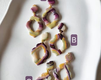 Ohrringe marrokanisch, grün-gelb-violett, handgemacht, aus Polymerton