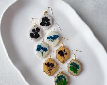 Ohrringe mit getrockneten gepressten Blumen, Boho, handgemacht, Sommer