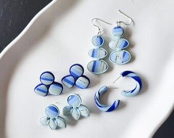 BLUE STRIPES I Collection, blue & silver, striped, handmade, gift for her, made from polymer clay