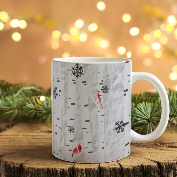 Winter Cardinal Birch Tree Mug with Snowflake Woodland Forest Scene Handmade Christmas Coffee Tea Cup with Red Birds Housewarming Gift Idea