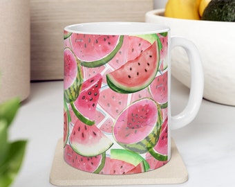 Watercolor Watermelon Print Tea Cup, Pretty Ceramic Fruit Coffee Mug, Melon Lover Gift Idea, Spring Summer Fruit Kitchen Decor, Unique Set