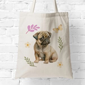 Pug Gift, Floral Puppy Canvas Tote Bag, Cute Dog Mom Mother&#39;s Day Gift, Pug Mama Birthday, Pug Lover Shoulder Bag, Dog Person Friend Gift
