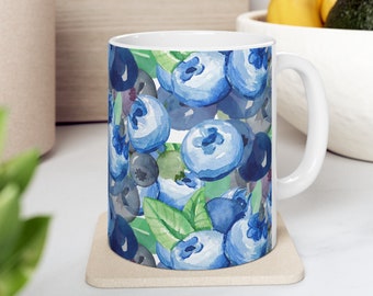 Blueberry Watercolor Coffee Mug, Cute Blueberry Lover Mug, Tea Cup with Blueberry Art Wraparound, Blueberry Kitchen Decor Gift Idea, Fruits