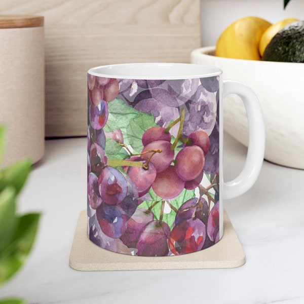 Grape Coffee Mug Purple Red Grapes Unique Watercolor Design Housewarming Wine Gift Ideas Fruit Lover Juice Cup Birthday Christmas Present