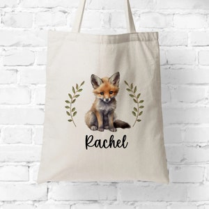 Custom Name Fox Bag, Personalized Fox Lover Gift, Baby Woodland Animal Customized Canvas Tote, Bestie Cute Gifts, Kawaii Library Book Bag