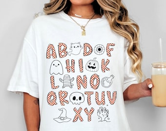 Alphabet Halloween Shirt Comfort Colors® TShirt Fall Clothing Back to School Gift for Preschool, Kindergarten, Cute First Grade Teacher Tee