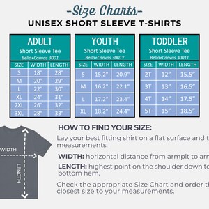 Puede incluir: Tabla de tallas para camisetas de manga corta unisex de Bella+Canvas. La tabla muestra las tallas para camisetas de adulto, joven y ni&ntilde;o peque&ntilde;o con medidas en pulgadas para el ancho y la longitud.