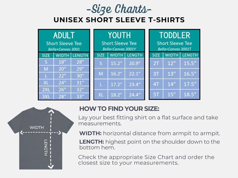 Puede incluir: Tabla de tallas para camisetas de manga corta unisex de Bella+Canvas. La tabla muestra las tallas para camisetas de adulto, joven y ni&ntilde;o peque&ntilde;o con medidas en pulgadas para el ancho y la longitud.