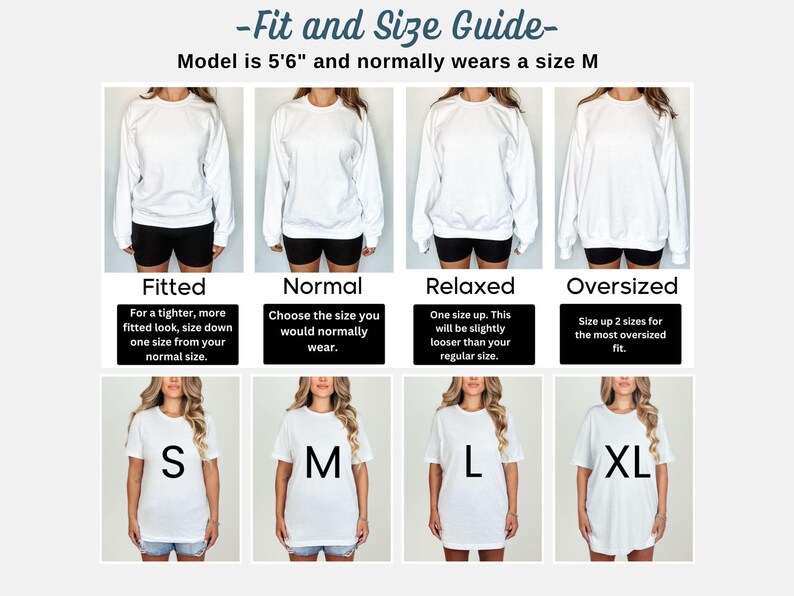 Puede incluir: Una gu&iacute;a de tallas para ropa, que muestra a una modelo usando diferentes tallas de sudadera y camiseta blancas. La gu&iacute;a muestra c&oacute;mo cambia el ajuste de ajustado a holgado. La modelo mide 1,68 m y normalmente usa una talla M.