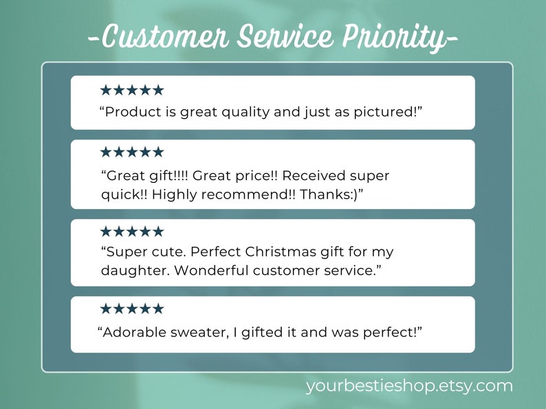 Op de afbeelding: Een turquoise afbeelding met klantbeoordelingen. De tekst 'Customer Service Priority' staat bovenaan. Er worden vier klantbeoordelingen weergegeven, elk met een vijfsterrenbeoordeling en een positieve opmerking over een product. De Etsy shop URL staat onderaan.