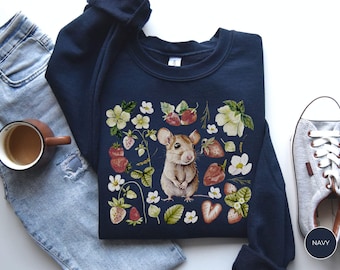 Strawberry Rat Sweatshirt, Cottagecore Rat Sweater, Cute Rat Gift, Rat Lovers Shirt, Botanical Berry Sweatshirt, Birthday Gift for Rat Mom