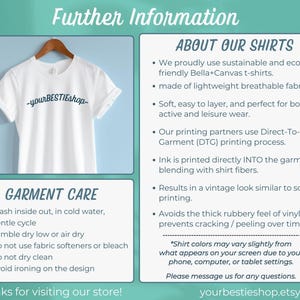 Puede incluir: Camiseta blanca con el texto "yourBESTIEshop" impreso en ella. La imagen tambi&eacute;n incluye informaci&oacute;n sobre el material de la camiseta, el proceso de impresi&oacute;n y las instrucciones de cuidado.