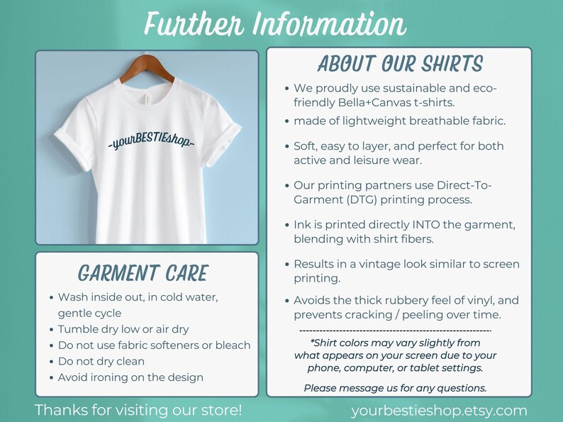 Puede incluir: Camiseta blanca con el texto "yourBESTIEshop" impreso en ella. La imagen tambi&eacute;n incluye informaci&oacute;n sobre el material de la camiseta, el proceso de impresi&oacute;n y las instrucciones de cuidado.