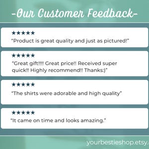 Puede incluir: Una captura de pantalla de un sitio web que muestra comentarios de clientes para un producto. Los comentarios son positivos, con clientes elogiando la calidad, el precio y la rapidez de entrega del producto. La direcci&oacute;n del sitio web es yourbestieshop.etsy.com.