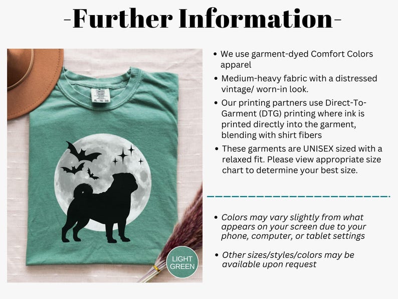 K&ouml;nnte beinhalten: Hellgr&uuml;nes T-Shirt mit schwarzer Mops-Silhouette vor Vollmond, Flederm&auml;usen und Sternen. Das Shirt ist aus mittelschwerem Stoff mit einem Used-Vintage-Look. Der Text "LIGHT GREEN" befindet sich in einem Kreis. Das T-Shirt ist st&uuml;ckgef&auml;rbt.