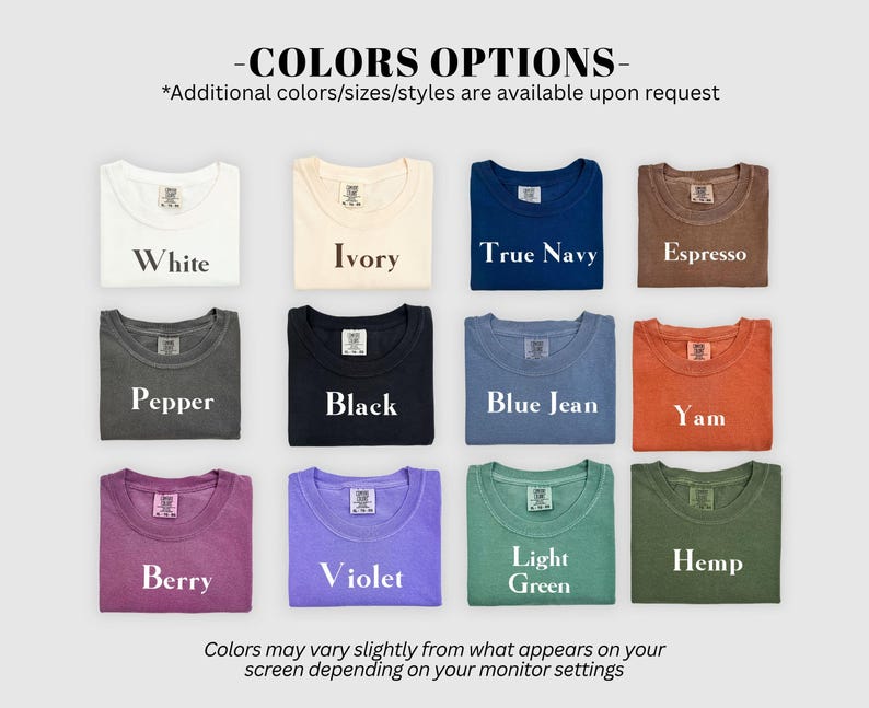 May include: A grid of twelve t-shirts in various colors labeled White, Ivory, True Navy, Espresso, Pepper, Black, Blue Jean, Yam, Berry, Violet, Light Green, and Hemp. Each shirt features a visible neck label with text and a brand logo.