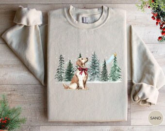 Christmas Golden Retriever Sweatshirt for Dog Lover, Gift for Dog Person, Cute Winter Tree Holiday Crewneck Sweater, Dog Mom Xmas Eve Outfit