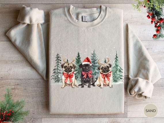 Snowy Pug Christmas Sweatshirt, Xmas Pug Shirt, Dog Mom Winter Holiday Sweater, Pug Lover Gift for Dog Person, Gift for Her