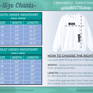 May include: Size chart for youth and adult unisex sweatshirts. The chart shows the width and length measurements in inches for each size, from XS to 3XL. The chart also includes instructions on how to choose the right size.