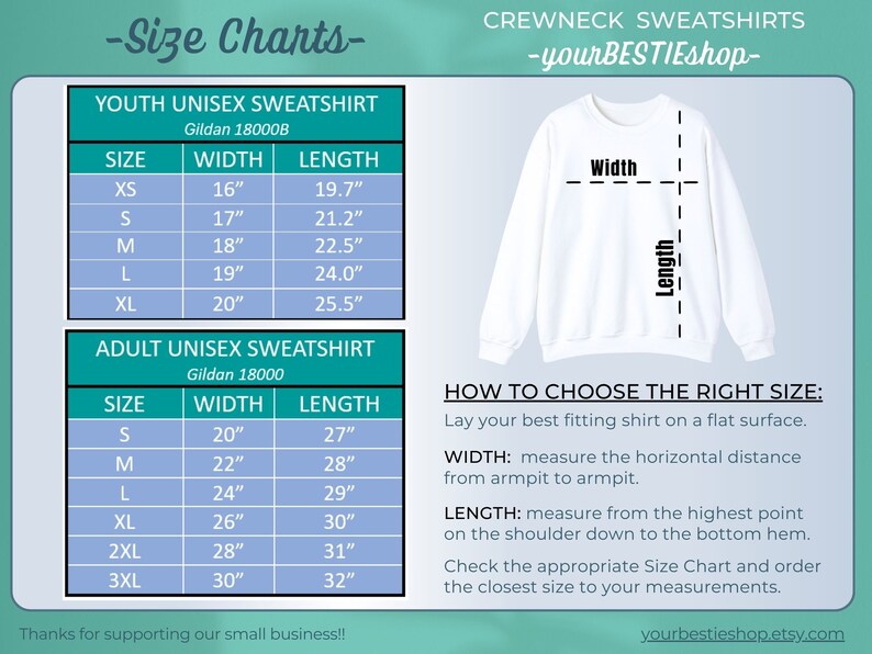 May include: Size chart for youth and adult unisex sweatshirts. The chart shows the width and length measurements in inches for each size, from XS to 3XL. The chart also includes instructions on how to choose the right size.