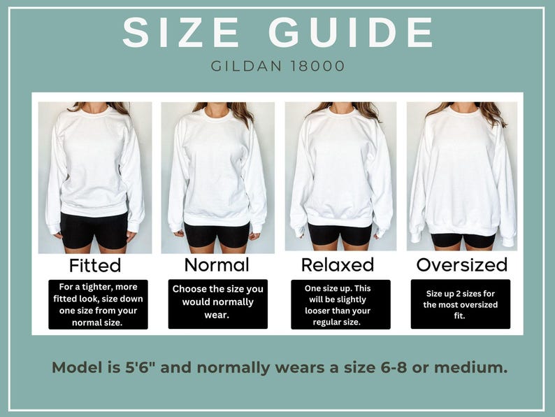 May include: Size guide for Gildan 18000 sweatshirts, showing four models wearing the same sweatshirt in different sizes: fitted, normal, relaxed, and oversized. The model is 5'6" and normally wears a size 6-8 or medium.