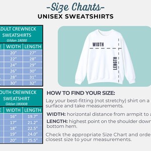 May include: Size charts for unisex sweatshirts, including adult and youth sizes. The adult sizes range from small (20" width, 27" length) to 3XL (30" width, 32" length). Youth sizes range from XS to XL.