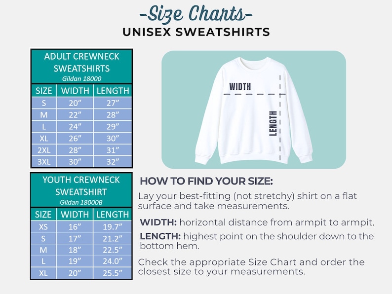 May include: Size charts for unisex sweatshirts, including adult and youth sizes. The adult sizes range from small (20" width, 27" length) to 3XL (30" width, 32" length). Youth sizes range from XS to XL.