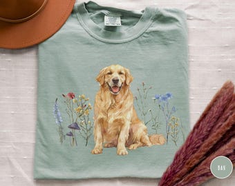 Comfort Colors Golden Retriever Shirt Floral Cottagecore Aesthetic Wild Flower TShirt Dog Mom Sweatshirt Spring Botanical Pet Lover Gift