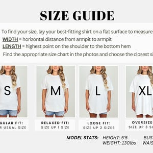 Pode incluir: Um guia de tamanhos com o texto "SIZE GUIDE" no topo. Inclui instru&ccedil;&otilde;es sobre como medir uma camisa para o tamanho e exemplos de tamanhos S, M, L e XL. As medidas da modelo s&atilde;o: altura 165 cm, busto 91 cm, cintura 69 cm e peso 59 kg.