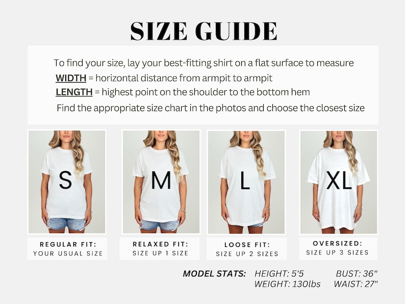 Pode incluir: Um guia de tamanhos com o texto "SIZE GUIDE" no topo. Inclui instru&ccedil;&otilde;es sobre como medir uma camisa para o tamanho e exemplos de tamanhos S, M, L e XL. As medidas da modelo s&atilde;o: altura 165 cm, busto 91 cm, cintura 69 cm e peso 59 kg.