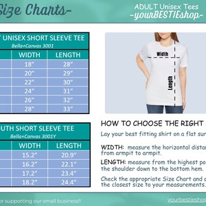 Op de afbeelding: Maattabel voor unisex T-shirts met korte mouwen voor volwassenen en jongeren. De tabel geeft afmetingen in inches voor breedte en lengte, met maten vari&euml;rend van S tot 3XL voor volwassenen en S tot XL voor jongeren. Instructies voor het meten van de juiste maat zijn ook inbegrepen.