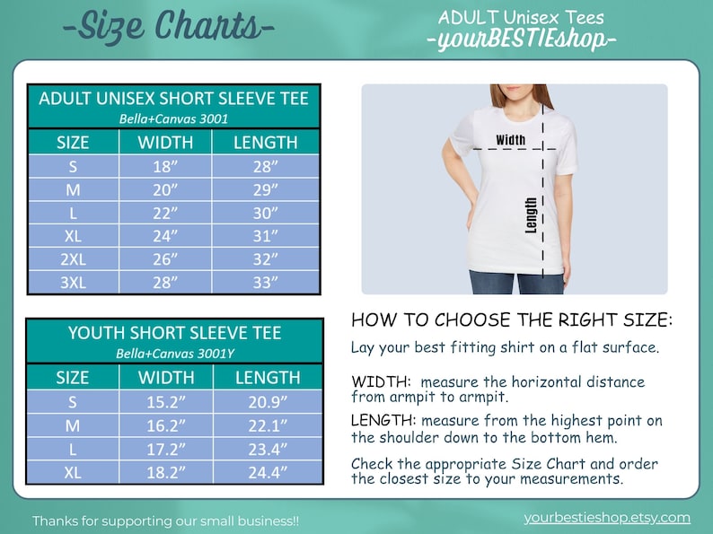 Op de afbeelding: Maattabel voor unisex T-shirts met korte mouwen voor volwassenen en jongeren. De tabel geeft afmetingen in inches voor breedte en lengte, met maten vari&euml;rend van S tot 3XL voor volwassenen en S tot XL voor jongeren. Instructies voor het meten van de juiste maat zijn ook inbegrepen.