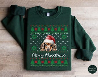 Dachshund Christmas Sweatshirt Cute Gift for Weiner Dog Lover Funny Winter Holiday Crewneck Doxie Mom Xmas Sweater Funny Gift for Dog Person