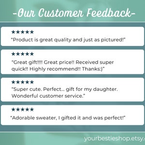 May include: Screenshot of customer reviews for an Etsy shop. The reviews are all positive and mention the quality of the products, the speed of shipping, and the excellent customer service. The shop name is yourbestieshop.etsy.com.