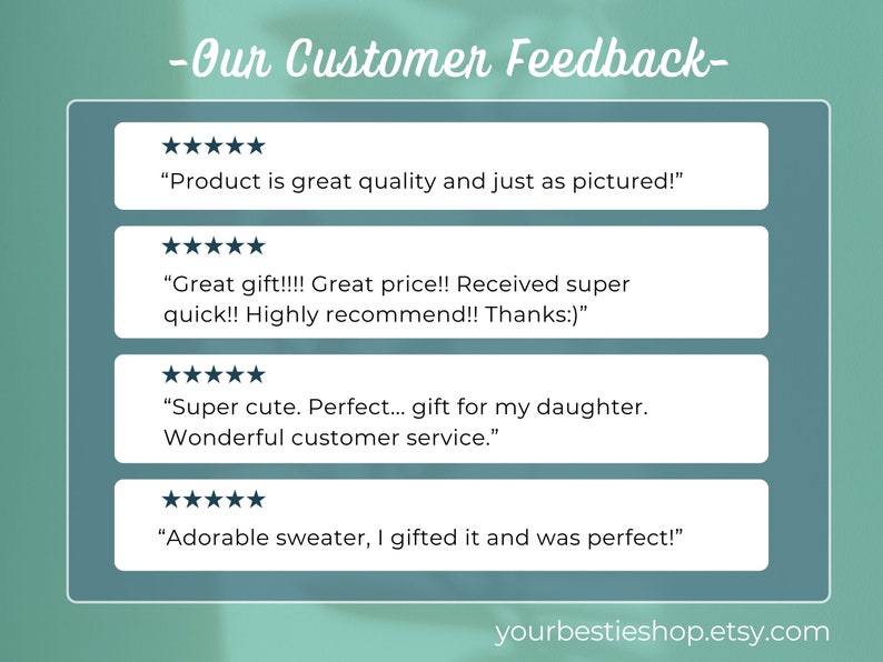 May include: Screenshot of customer reviews for an Etsy shop. The reviews are all positive and mention the quality of the products, the speed of shipping, and the excellent customer service. The shop name is yourbestieshop.etsy.com.
