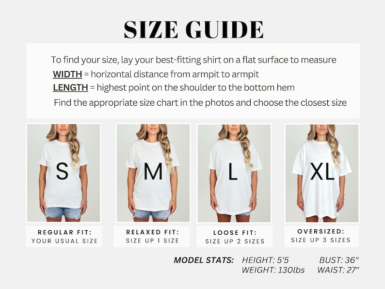 Op de afbeelding: Maattabel met instructies voor het meten van de breedte en lengte van een shirt. Bevat afbeeldingen van modellen in witte t-shirts in de maten S, M, L en XL. Tekst geeft pasvormen aan: normaal, relaxed, los en oversized. Modelgegevens: 165 cm, 59 kg, borstomvang 91 cm, taille 69 cm.