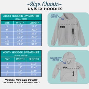 May include: Size charts for unisex hoodies, including adult and youth sizes. The adult sizes range from S to 3XL, with widths from 20.1" to 29.9" and lengths from 27.1" to 31.8". Youth sizes range from S to XL, with widths from 17" to 20" and lengths from 21.2" to 25.5".