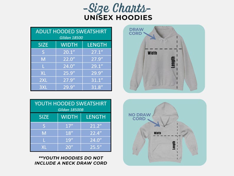 May include: Size charts for unisex hoodies, including adult and youth sizes. The adult sizes range from S to 3XL, with widths from 20.1" to 29.9" and lengths from 27.1" to 31.8". Youth sizes range from S to XL, with widths from 17" to 20" and lengths from 21.2" to 25.5".
